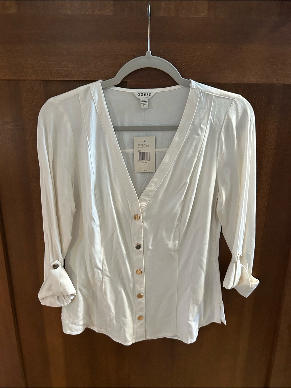 GUESS White V-Neck Button-Front Blouse with Roll-Tab Sleeves